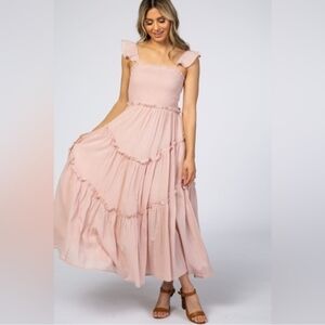 Pinkblush Listicle Pink Smocked Ruffle Accent Cotton Maternity Midi Dress M